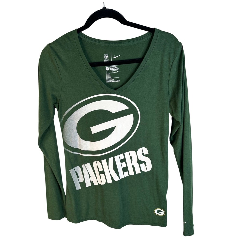 Nike Women's Green Packers Graphic V-Neck Long Sleeve T-Shirt Size Small